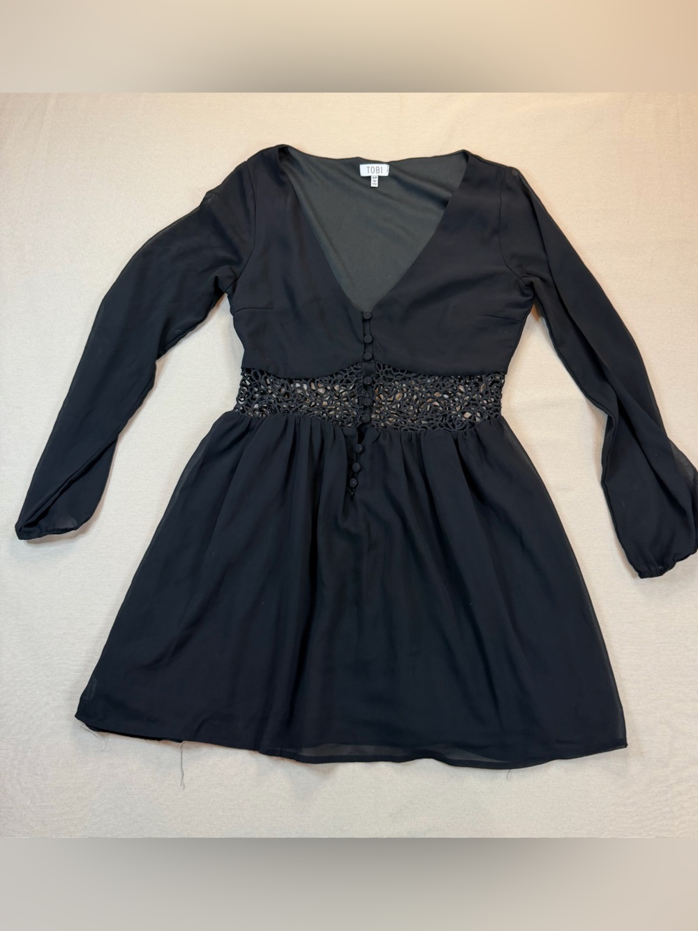 Tobi Black Long Sleeve V-Neck Dress with Crochet Waist